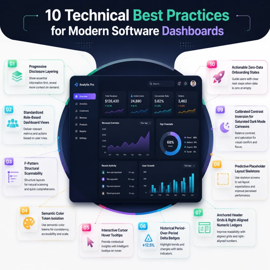 SaaS dashboard design best practices infographic showing 10 technical UI/UX principles like progressive disclosure, role-based views, contrast control, and data visualization structure
