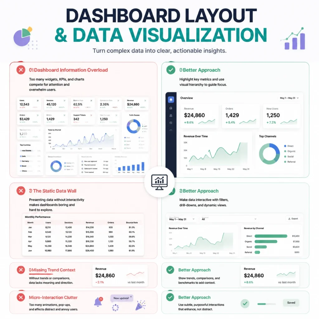 Dashboard layout and data visualization showing common UI/UX mistakes in SaaS such as information overload, static data walls, missing trend context, and micro-interaction clutter