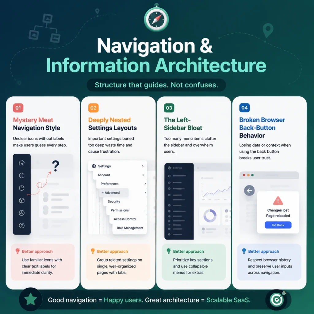 Navigation and information architecture related common UI/UX mistakes in SaaS including navigation issues, nested settings, sidebar bloat, and back-button behavior