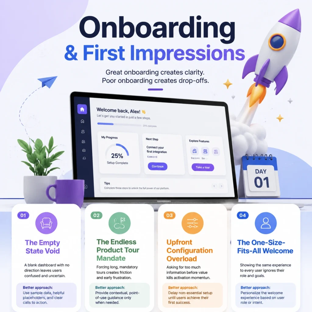 Infographic showing common UI/UX mistakes in SaaS onboarding including empty states, onboarding tours, configuration overload, and poor user welcome experience