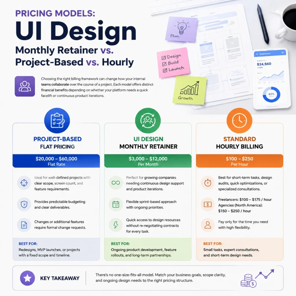 Cost of UI/UX design pricing models infographic comparing project-based, retainer, and hourly billing