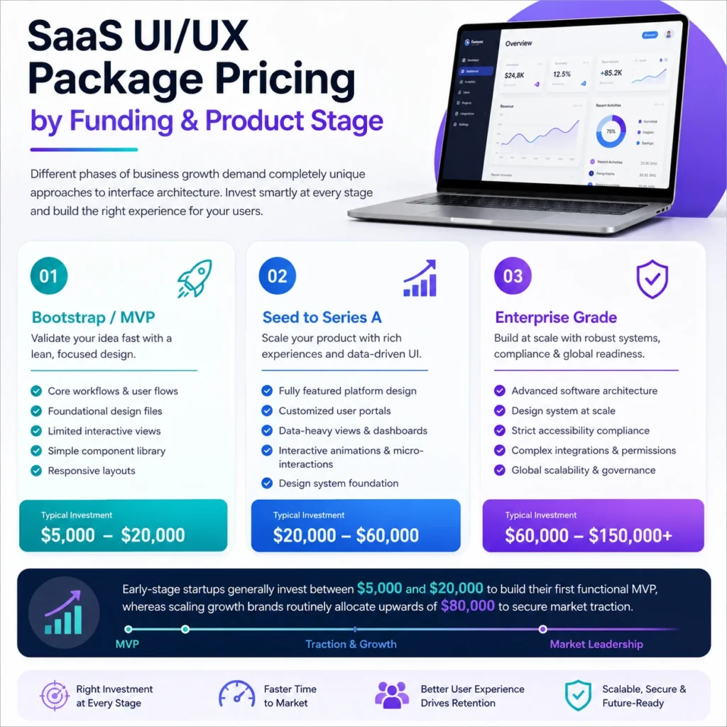 Cost of UI/UX design infographic showing SaaS UI/UX package pricing by funding and product stage, including MVP, Series A, and enterprise design cost ranges.
