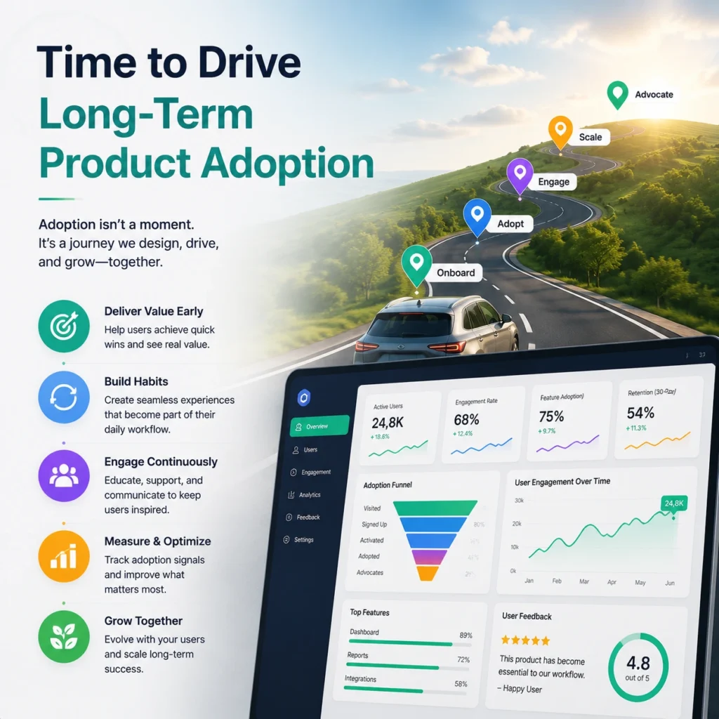 SaaS dashboard design and product adoption journey infographic showing user onboarding, engagement, activation, and long-term retention stages in a structured growth flow