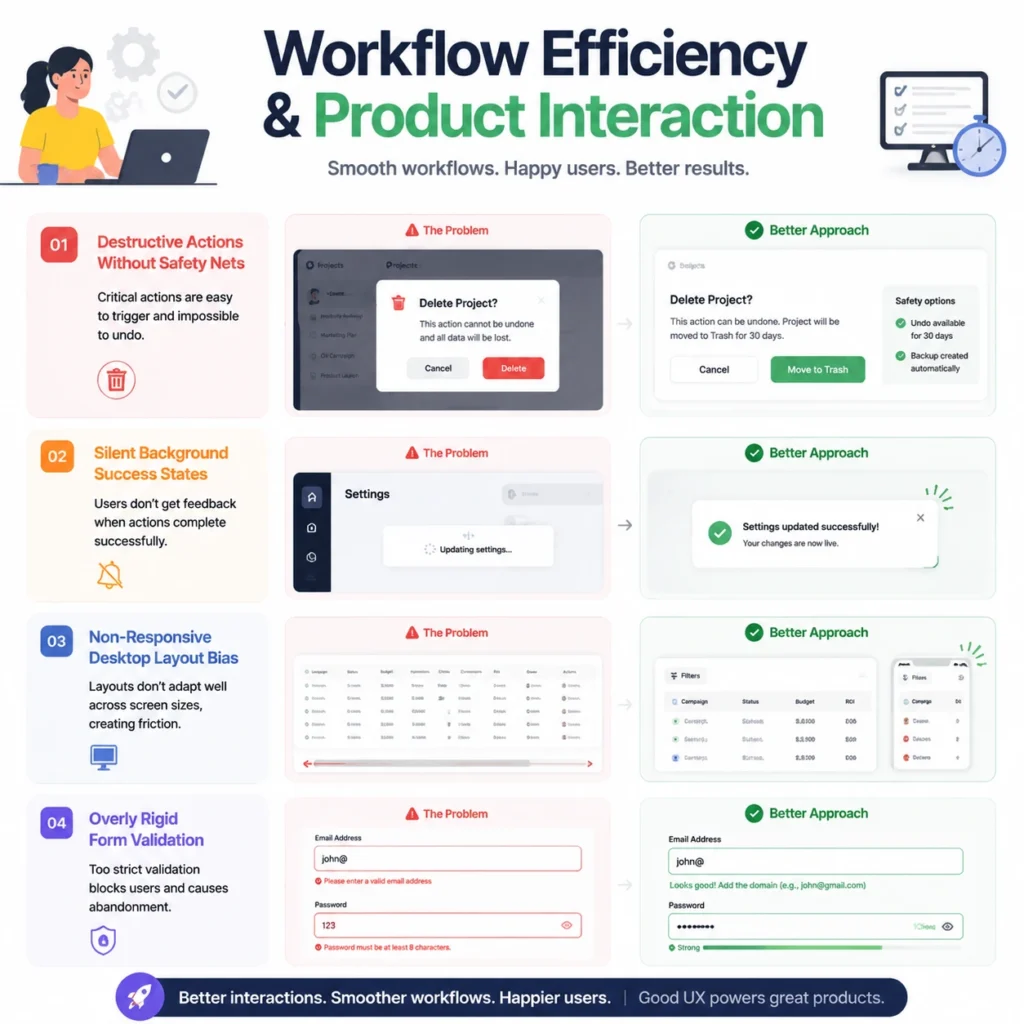 Workflow efficiency and product interaction dashboard showing common UI/UX mistakes in SaaS such as destructive actions without safety, silent success states, non-responsive layouts, and rigid form validation
