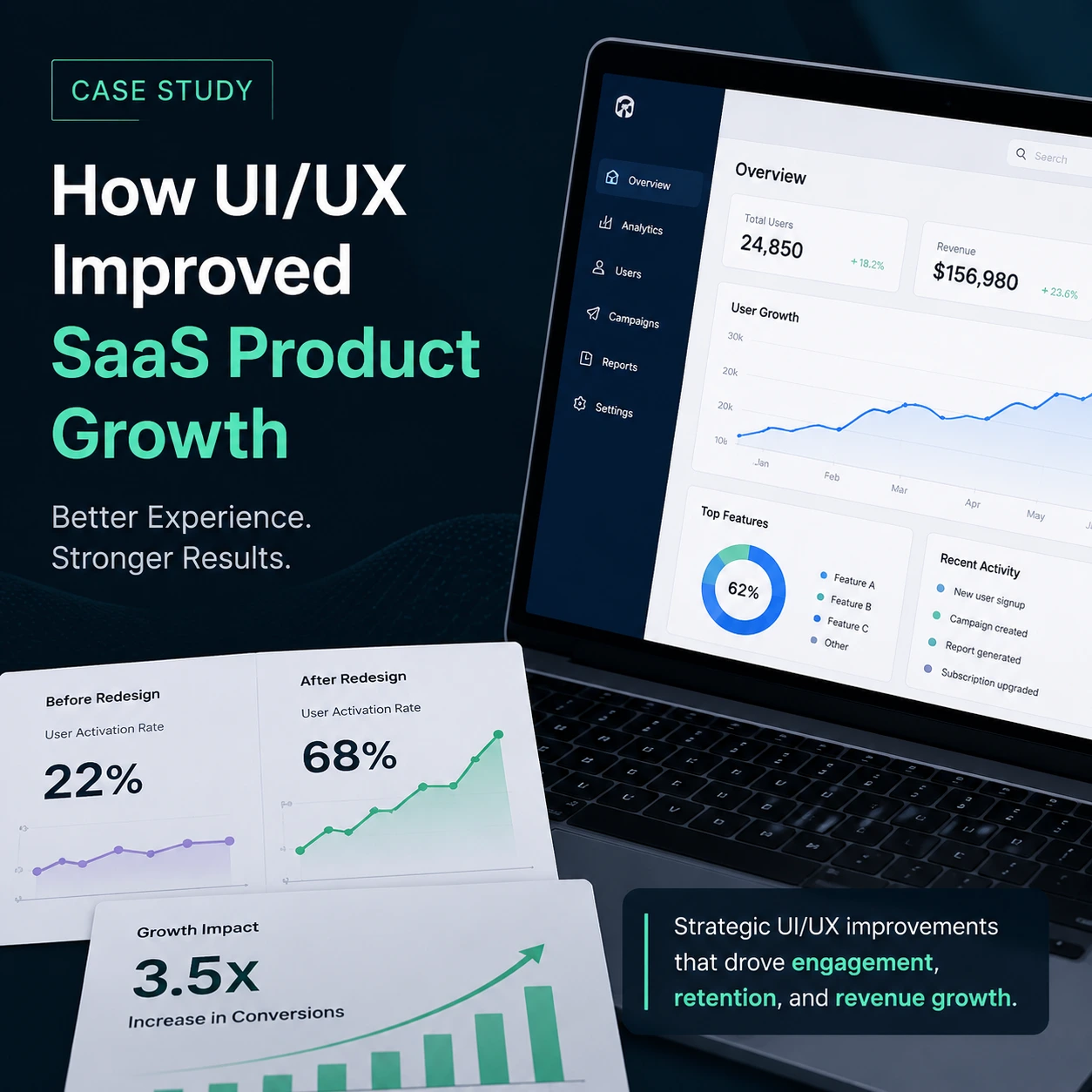 Case study showing how UI/UX improvements increased SaaS product growth through better user experience, interface redesign, engagement metrics, and conversion optimization.