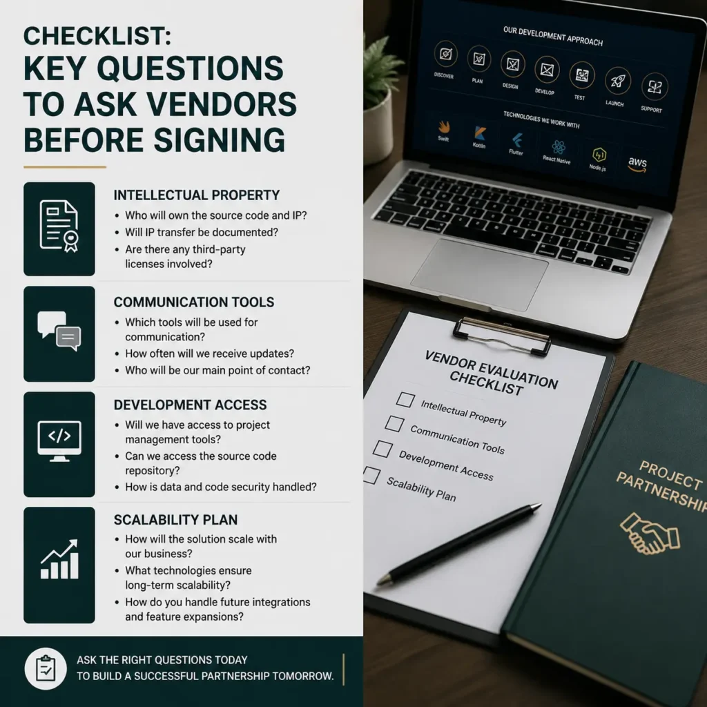 Vendor evaluation checklist for a custom mobile app development company covering intellectual property ownership, communication tools, development access, and scalability planning before signing a contract.