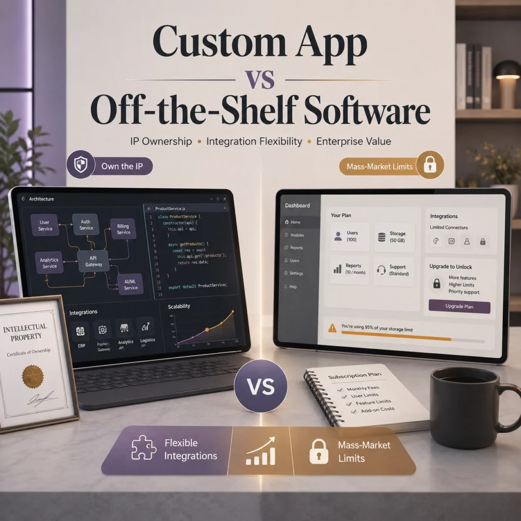 Custom app vs off-the-shelf software comparison showing IP ownership, flexible integrations, scalable architecture, SaaS limitations, and vendor lock-in.