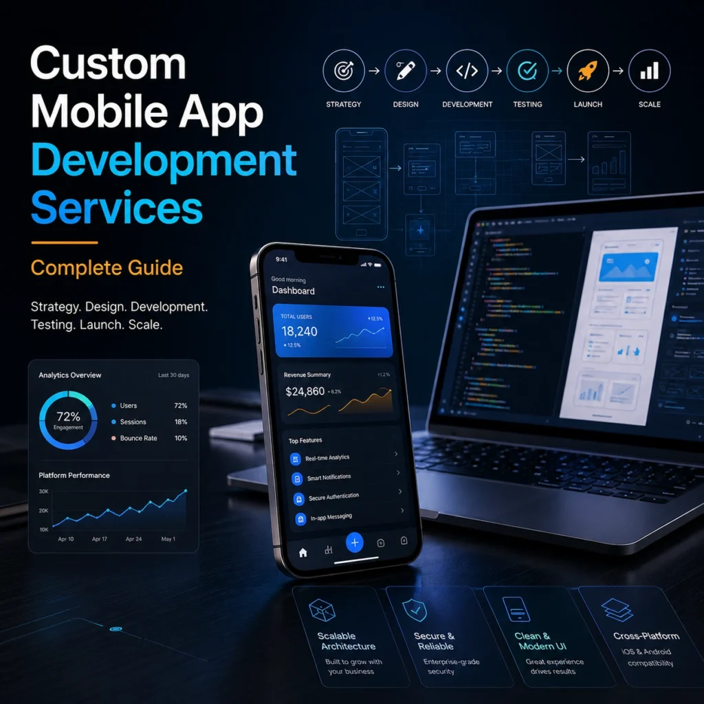 Custom mobile app development services featuring a smartphone dashboard, coding laptop, UI wireframes, analytics, testing, launch, and scalability workflow.