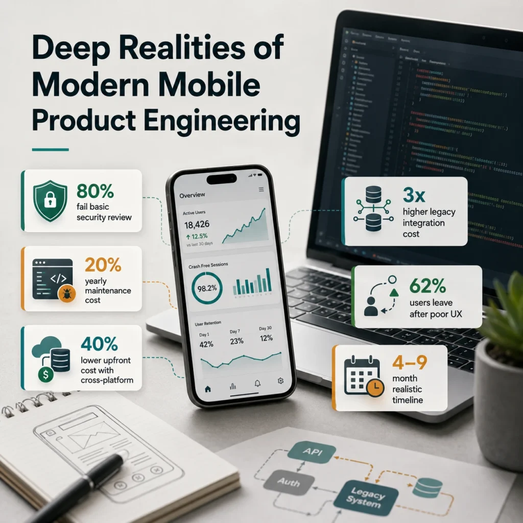 Modern mobile product engineering infographic showing app security risks, maintenance costs, cross-platform savings, legacy integration, UX retention, and development timelines.