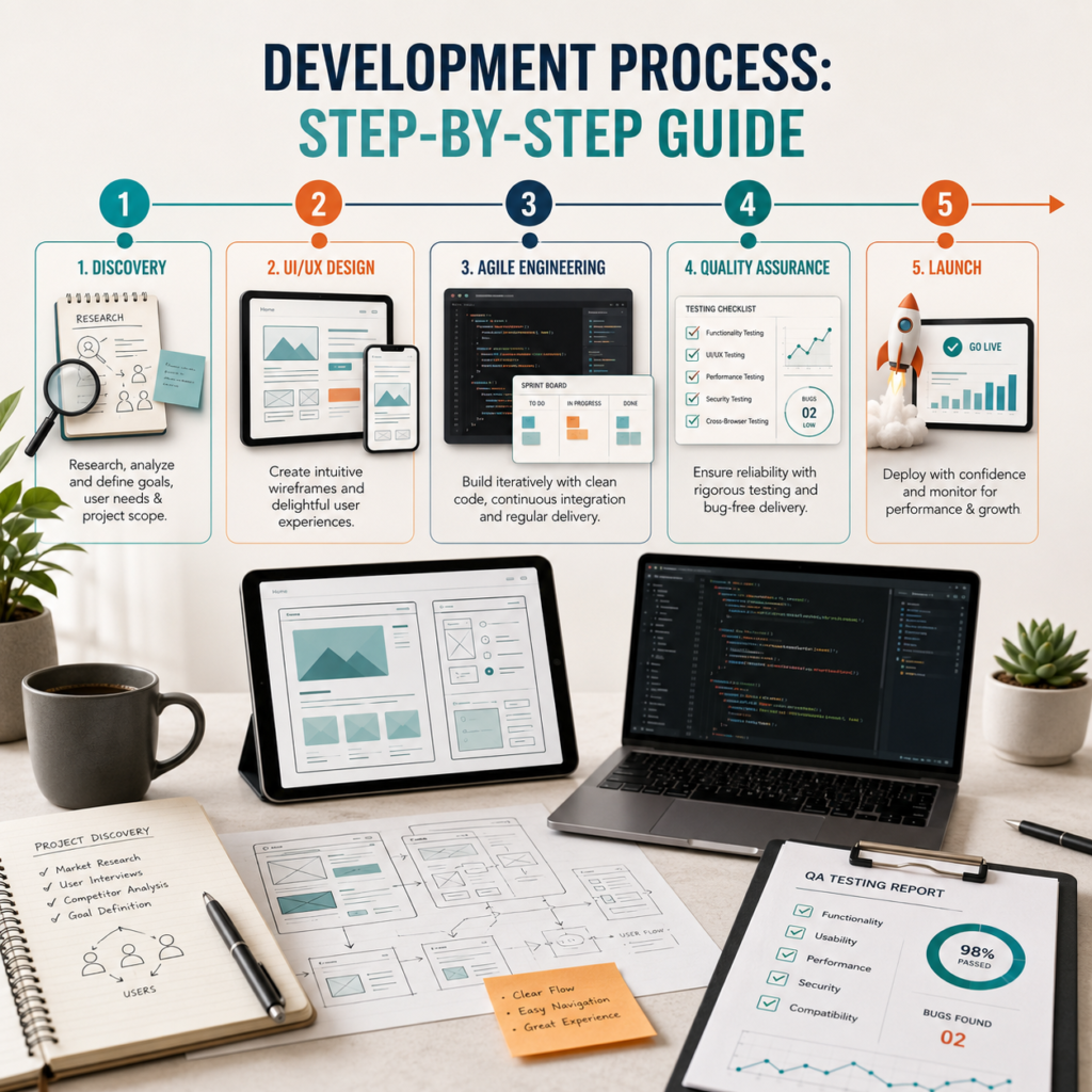 Development process step-by-step guide showing discovery, UI/UX design, agile engineering, quality assurance, and launch for Custom mobile app development services.