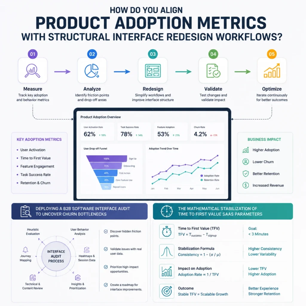 Product adoption metrics dashboard showing how SaaS teams align interface redesign workflows through B2B software audits, user behavior analysis, and time to first value optimization.