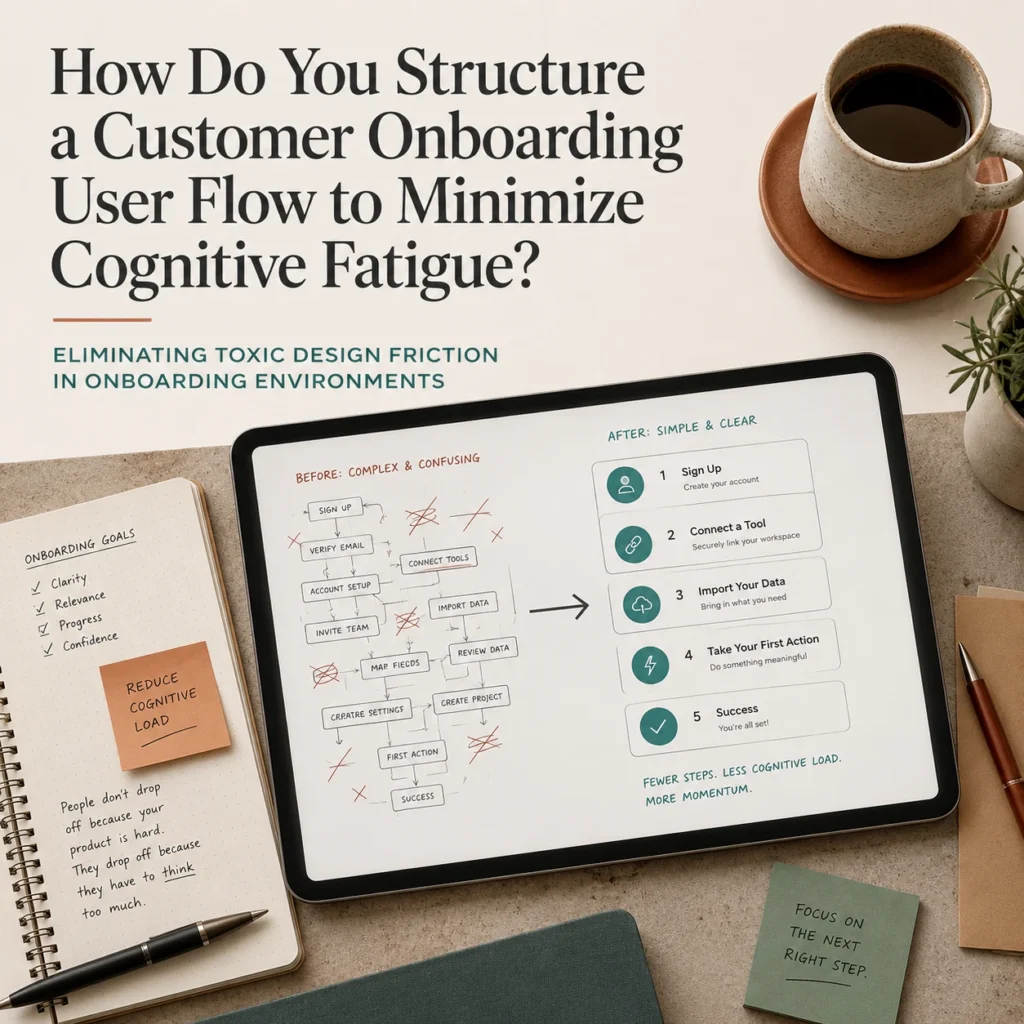 Onboarding UX for SaaS visual showing a simplified customer onboarding user flow, reduced cognitive fatigue, and elimination of toxic design friction in SaaS setup.