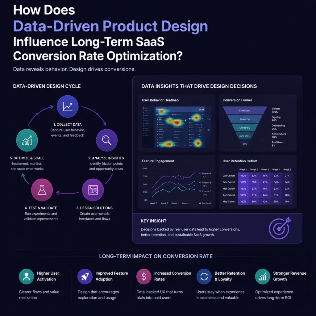 Data-driven product design process showing how SaaS companies use user behavior insights, analytics dashboards, conversion funnels, and UX optimization strategies to improve long-term conversion rates.
