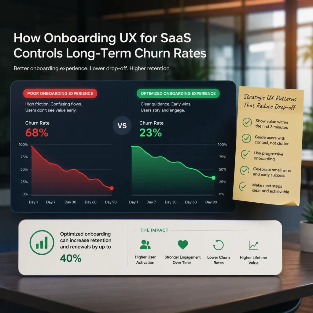 Onboarding UX for SaaS infographic showing how optimized onboarding reduces long-term churn rates, lowers drop-off, improves retention, and increases user activation.