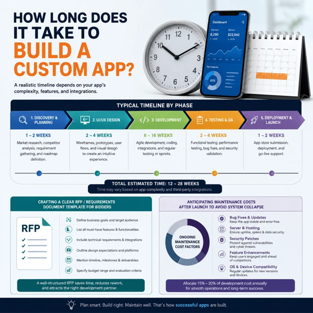 Custom mobile app development services timeline showing discovery, UI/UX design, development, testing, launch, RFP planning, and maintenance costs.