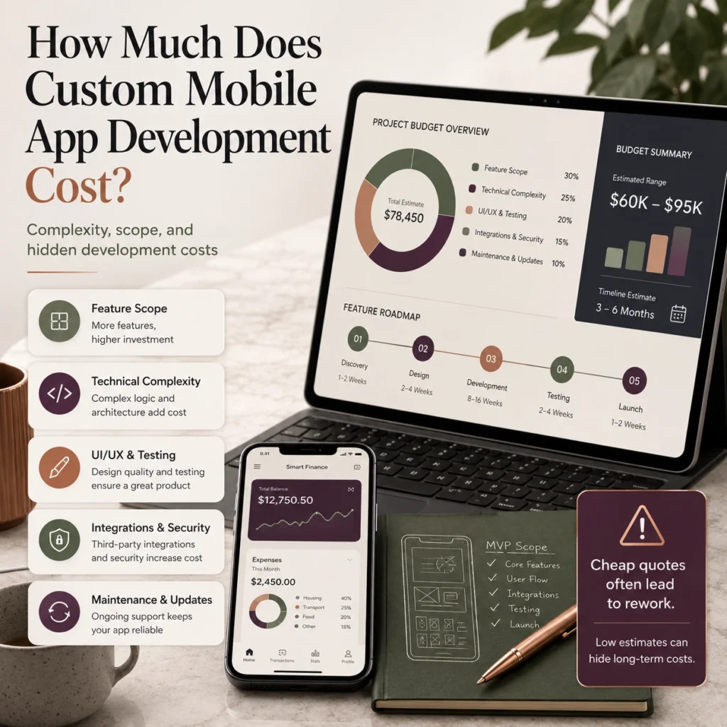 Cost breakdown graphic for Custom Mobile App Development Services showing feature scope, technical complexity, UI/UX testing, integrations, maintenance, and hidden software costs.