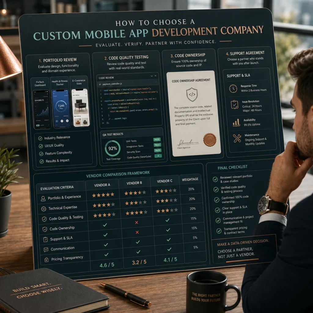 Custom mobile app development services infographic showing how to choose a custom mobile app development company through portfolio review, code quality testing, code ownership, and support agreements.