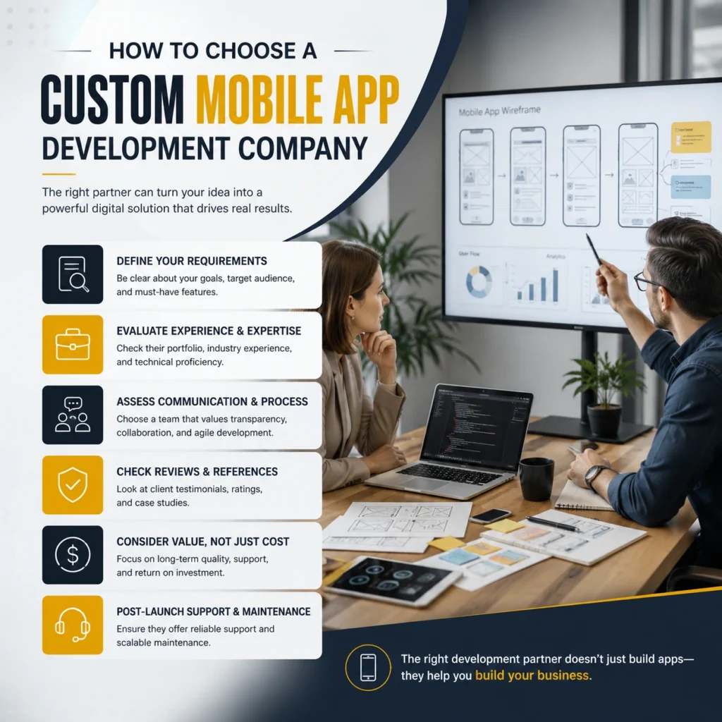 Professional team evaluating a custom mobile app development company with app wireframes, UI/UX prototypes, project planning, and a strategic checklist for choosing the right mobile app development partner.