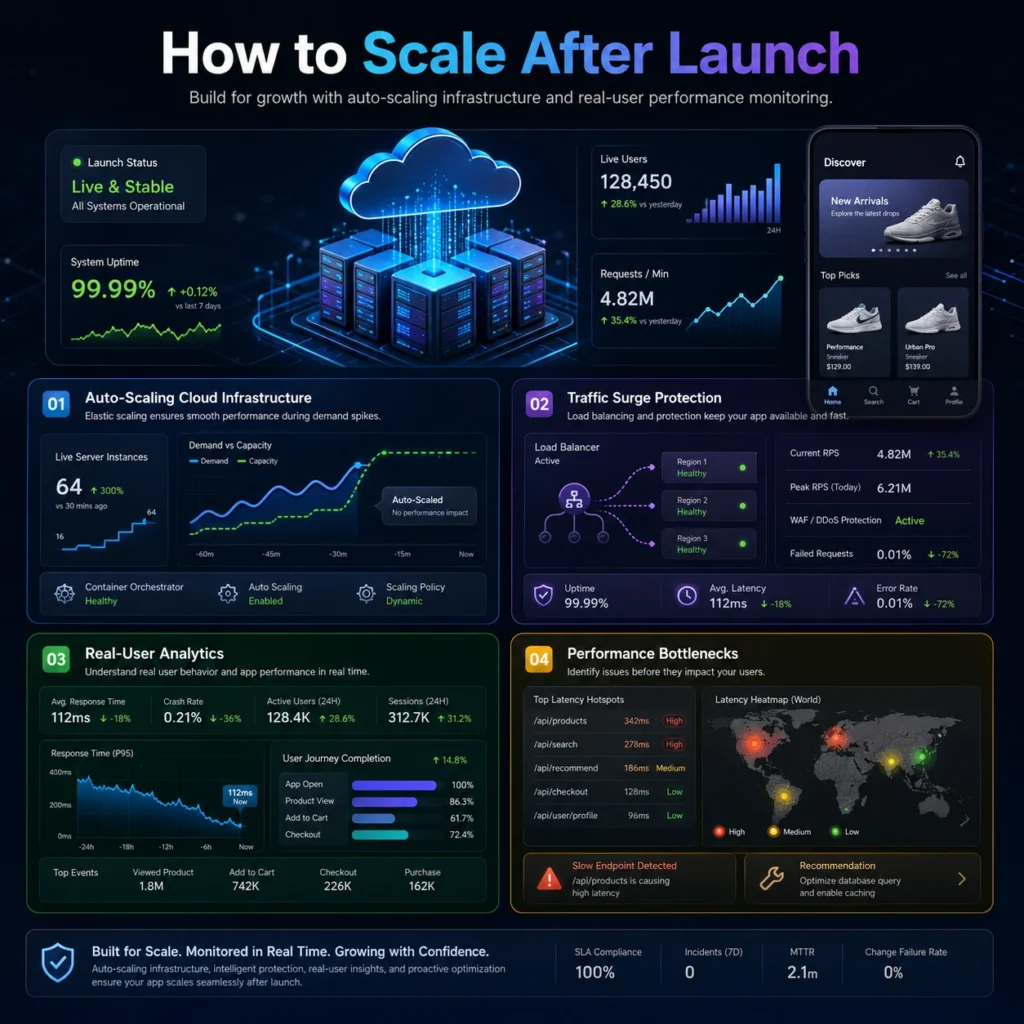 Custom mobile app development services infographic showing how to scale after launch with auto-scaling cloud infrastructure, traffic protection, real-user analytics, and performance bottleneck monitoring.