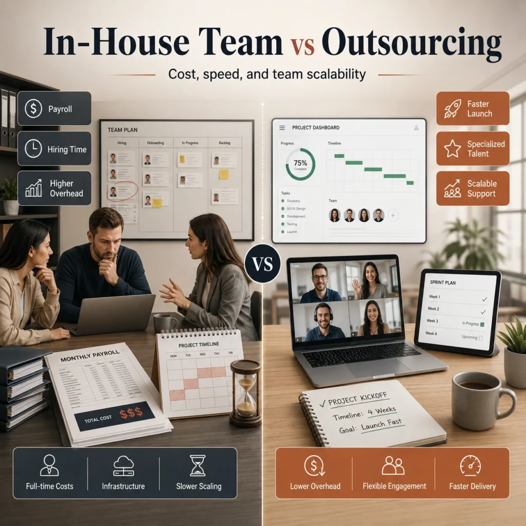 In-house team vs outsourcing comparison for Custom Mobile App Development Services, showing cost, hiring time, overhead, faster launch, scalable support, and lower delivery costs.