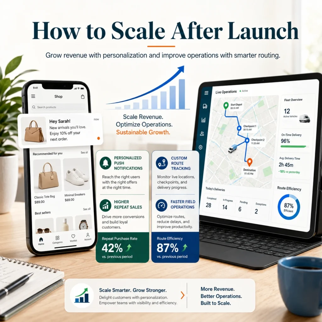 Custom mobile app development services infographic showing how to scale after launch with personalized push notifications, custom route tracking, higher repeat sales, and faster field operations.