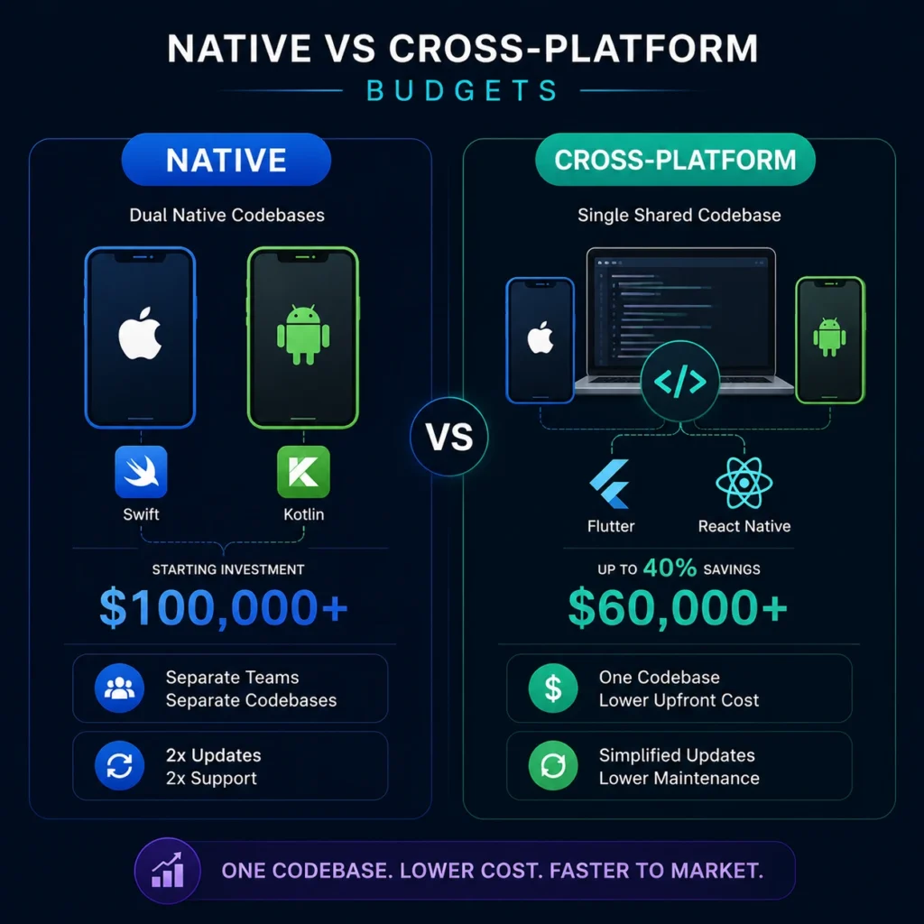 Custom mobile app development cost comparison between native and cross-platform app budgets showing $100,000+ native investment and up to 40% savings with shared codebases.