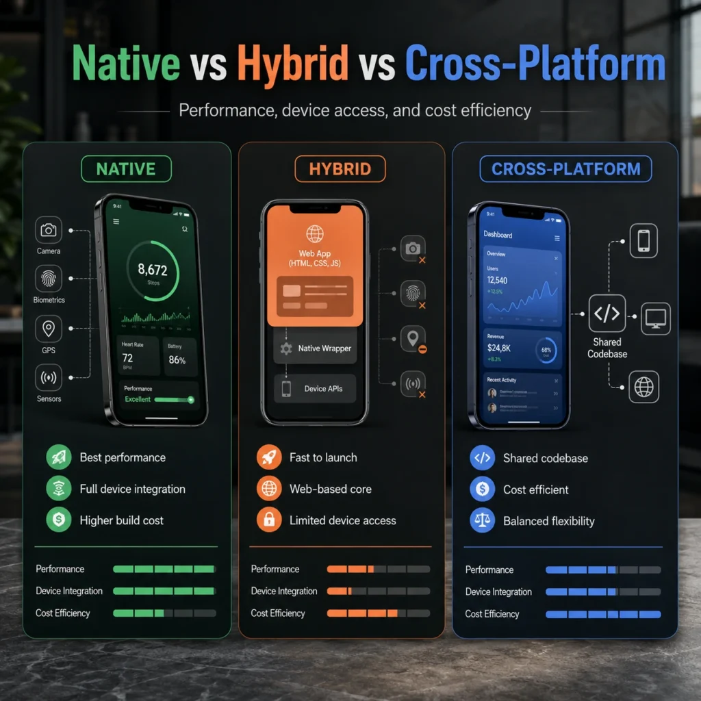 Native vs hybrid vs cross-platform app development comparison showing performance, device integration, shared codebase, flexibility, and cost efficiency.