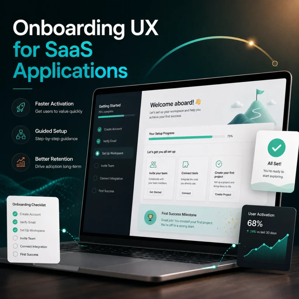 Onboarding UX for SaaS illustration showing a modern software dashboard, guided setup checklist, user activation metrics, and onboarding workflow on a laptop screen.
