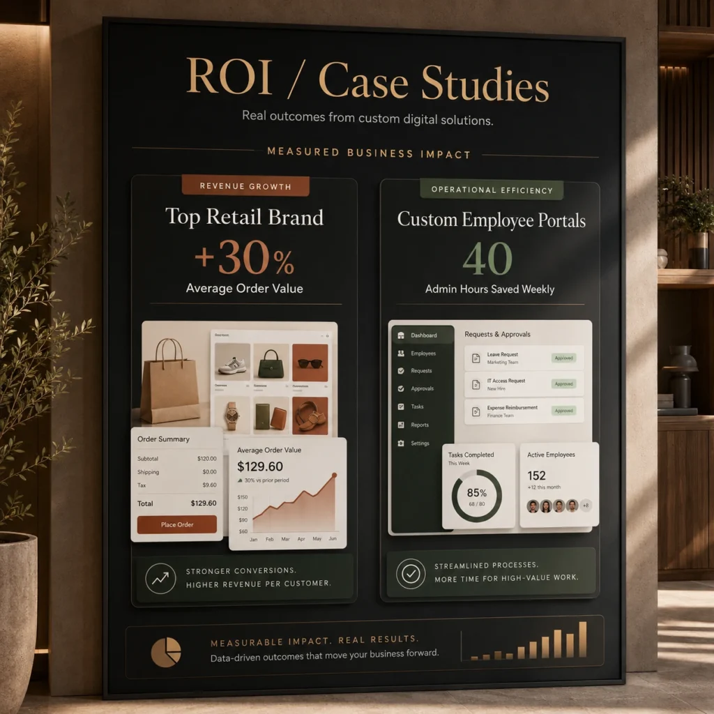 Custom mobile app development services ROI case study infographic showing a top retail brand increasing average order value by 30% and custom employee portals saving 40 admin hours weekly.