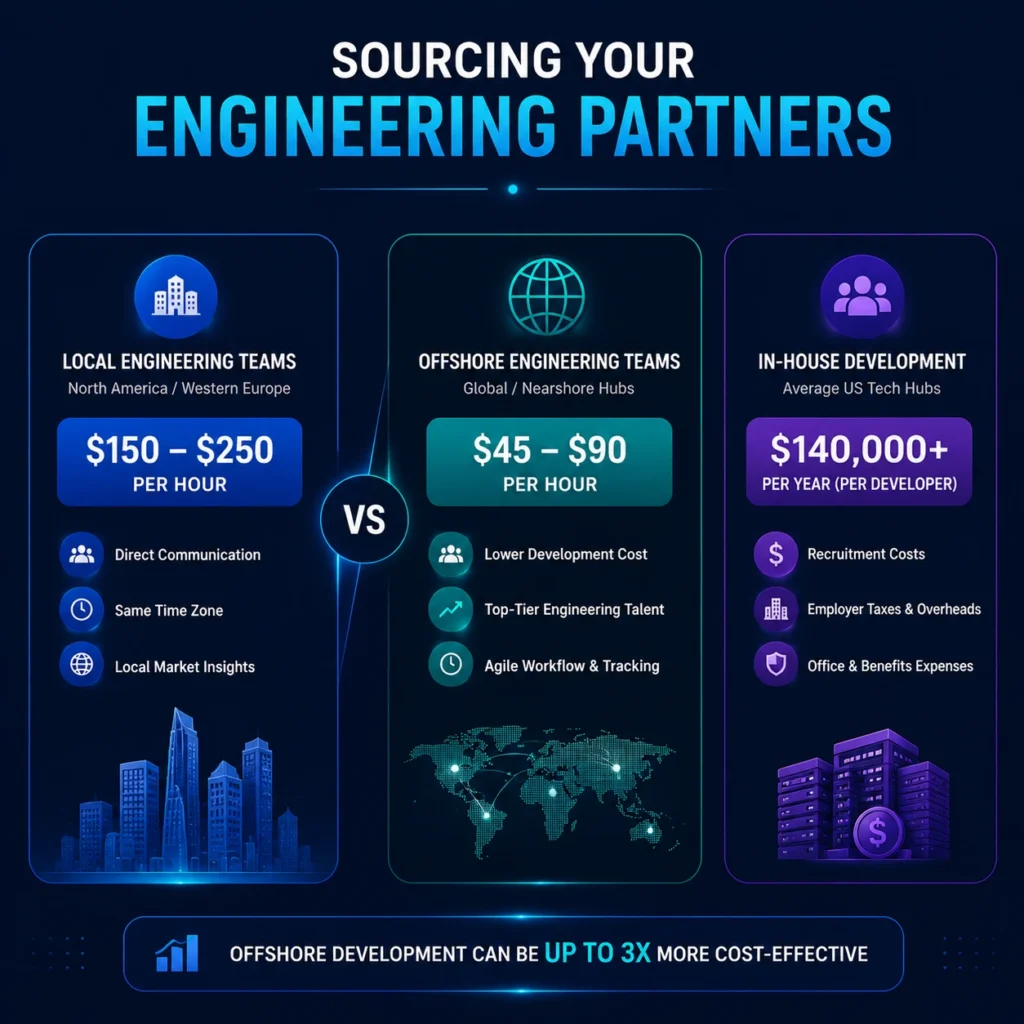 Custom mobile app development cost comparison showing local, offshore, and in-house engineering partner pricing with hourly rates, developer expenses, and outsourcing savings.