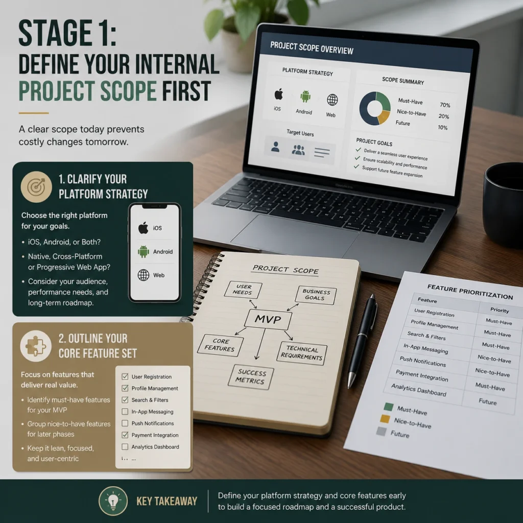 Stage 1 project planning infographic for custom mobile app development company, illustrating platform strategy selection, core feature prioritization, MVP planning, and internal project scope definition before development begins.