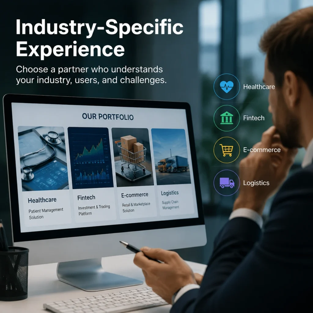 Industry-specific experience evaluation for custom mobile app development company showing a software portfolio with healthcare, fintech, e-commerce, and logistics solutions.
