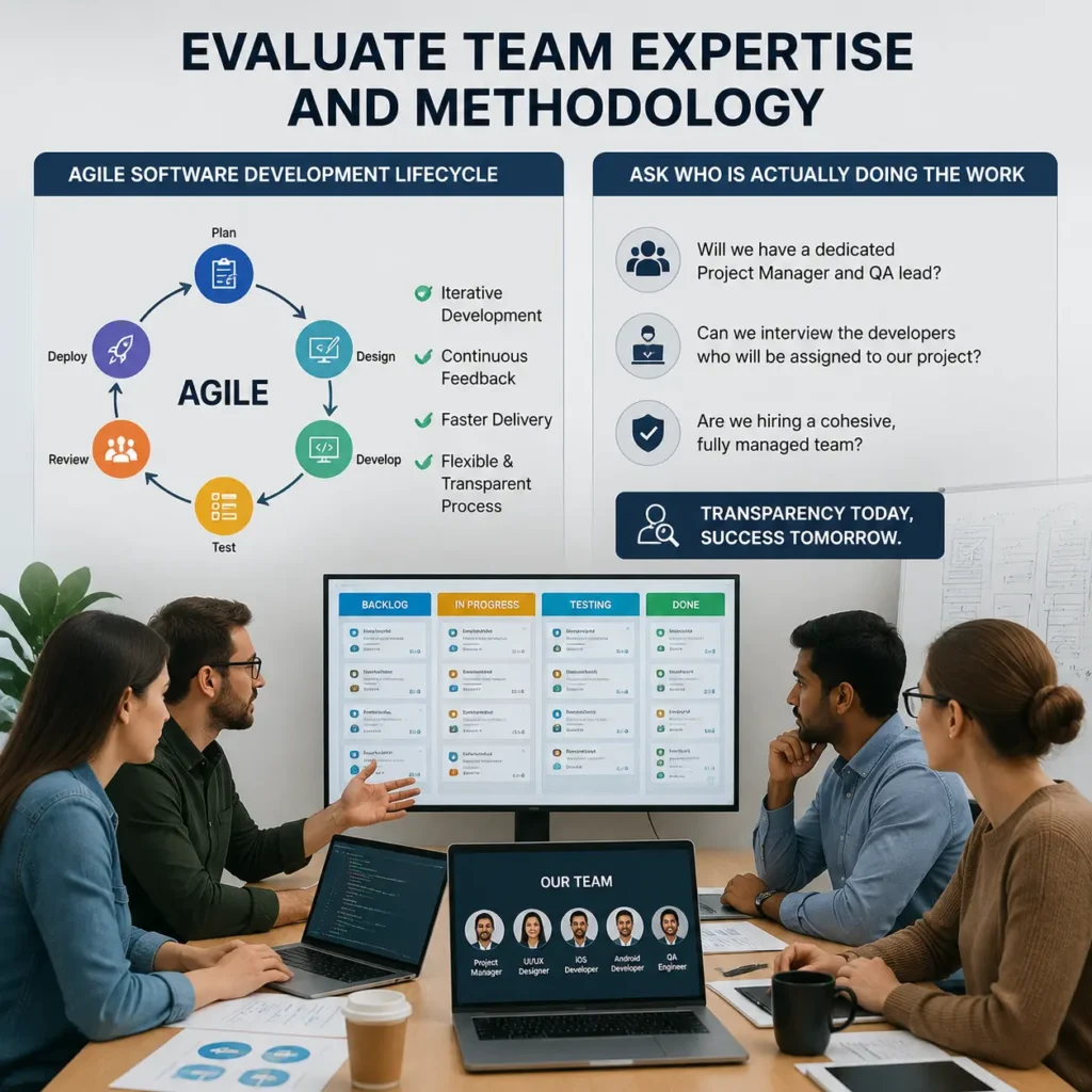 Team expertise evaluation process for a custom mobile app development company showing Agile software development lifecycle, project roles, developers, QA engineers, and transparent workflow management.