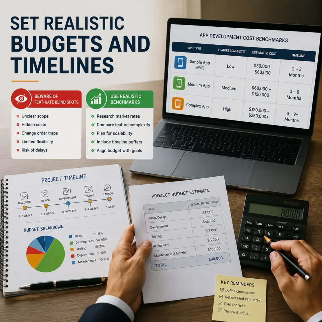 Budget planning and timeline evaluation for a custom mobile app development company showing realistic cost benchmarks, project estimates, financial planning, and development timelines.