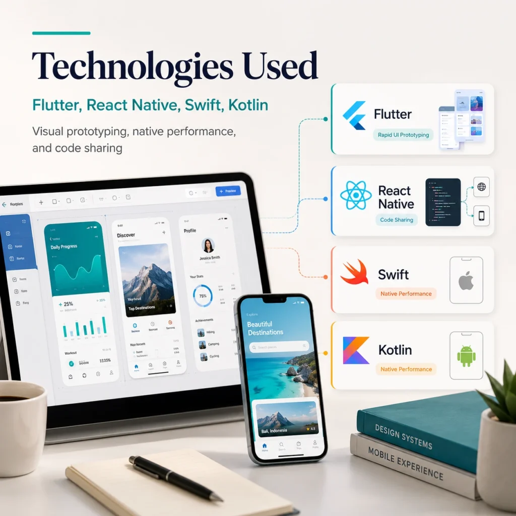 Flutter, React Native, Swift, and Kotlin mobile app development technologies showing rapid prototyping, code sharing, and native performance.
