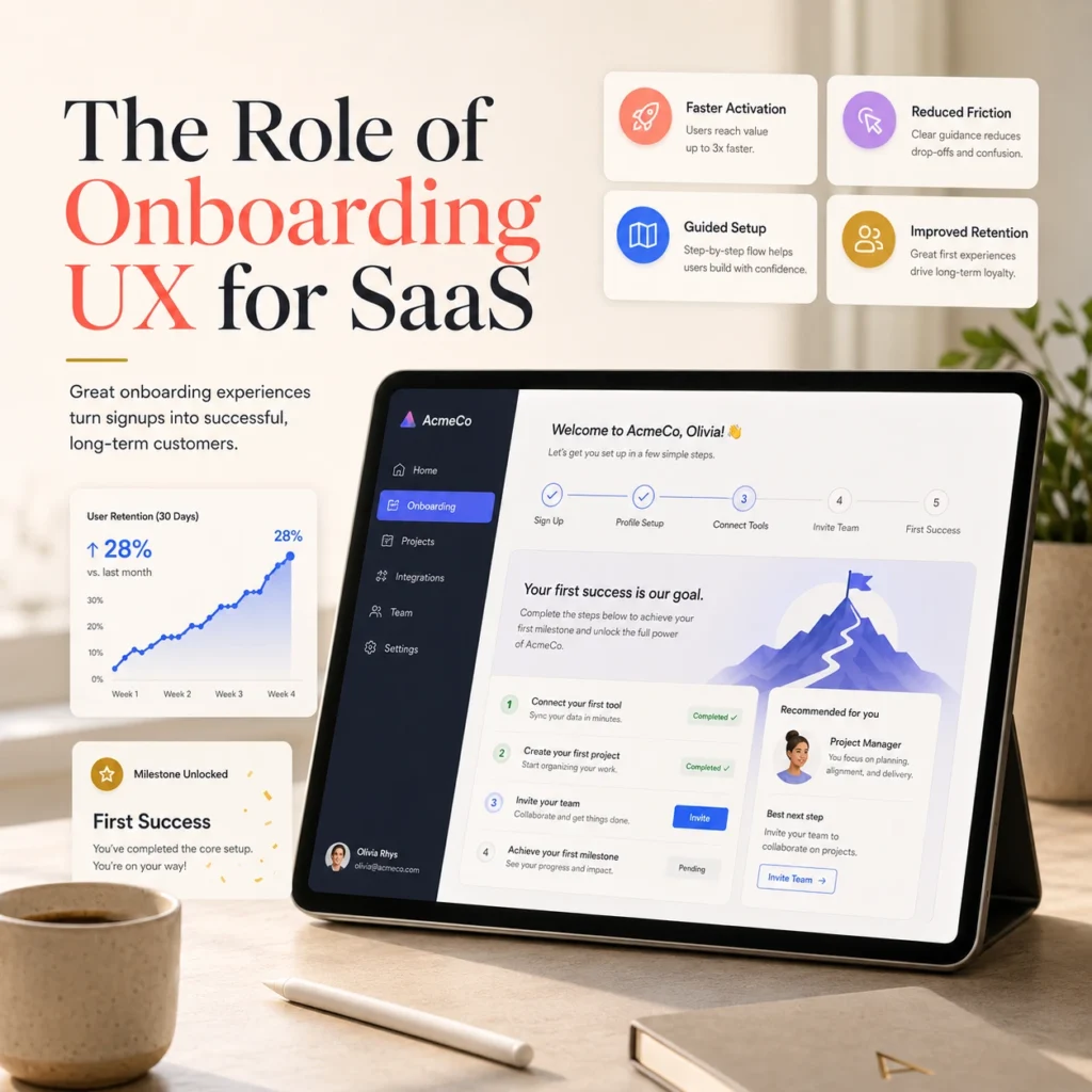 The Role of Onboarding UX for SaaS shown through a modern tablet dashboard, guided setup flow, retention chart, milestone card, and user activation interface.