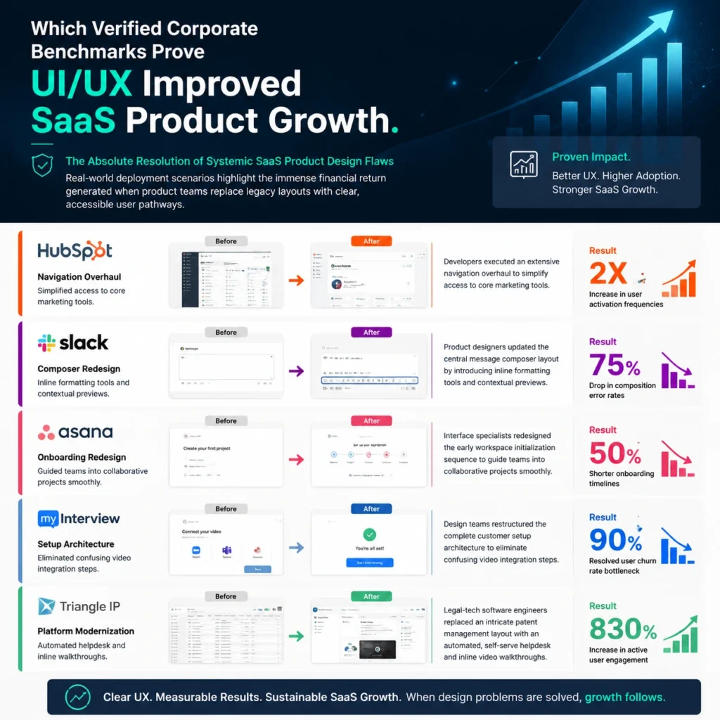 Verified corporate benchmarks showing how UI/UX improvements increased SaaS product growth through redesign examples from HubSpot, Slack, Asana, MyInterview, and Triangle IP with measurable business results.
