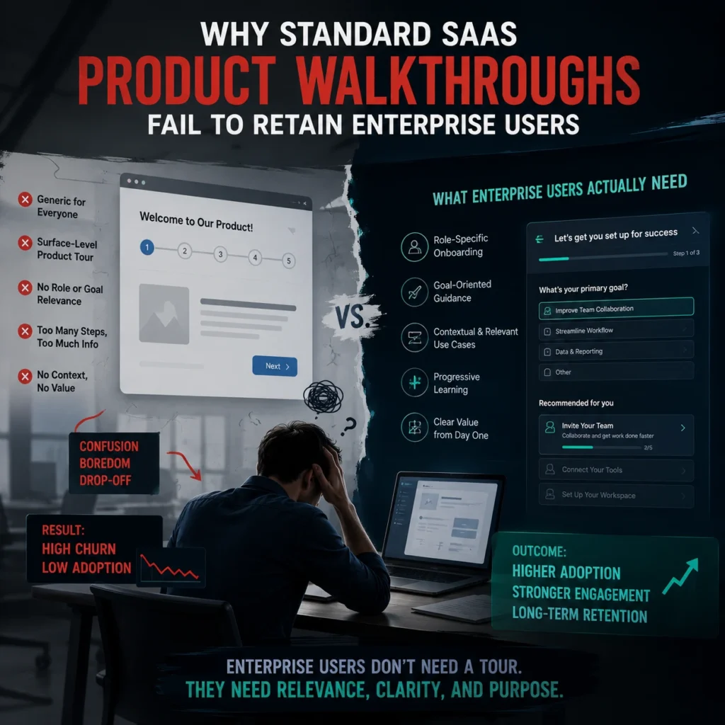 Onboarding UX for SaaS infographic showing why standard SaaS product walkthroughs fail enterprise users, causing confusion, drop-off, low adoption, and poor retention.