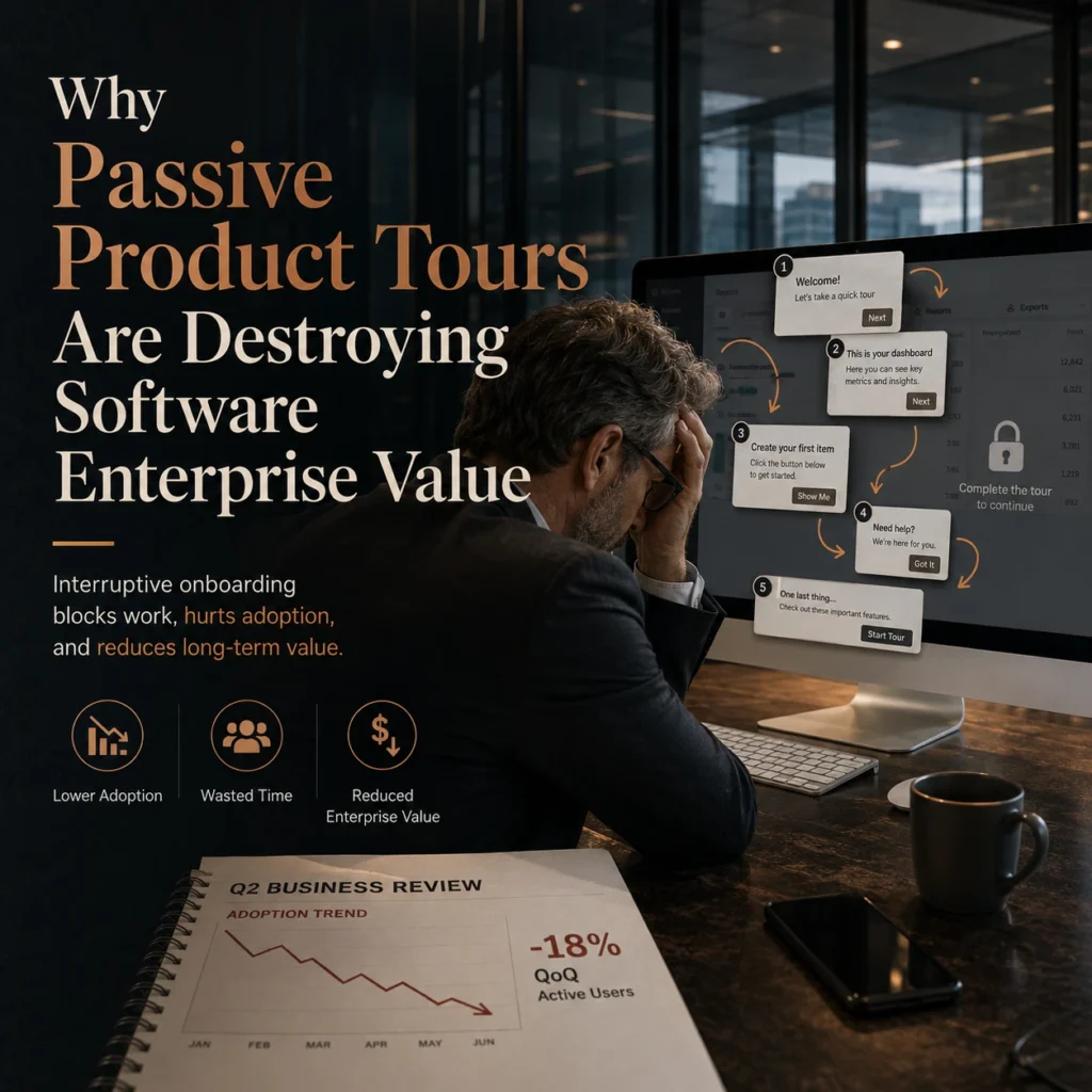 Onboarding UX for SaaS image showing how passive product tours create user frustration, reduce adoption, waste time, and damage software enterprise value.