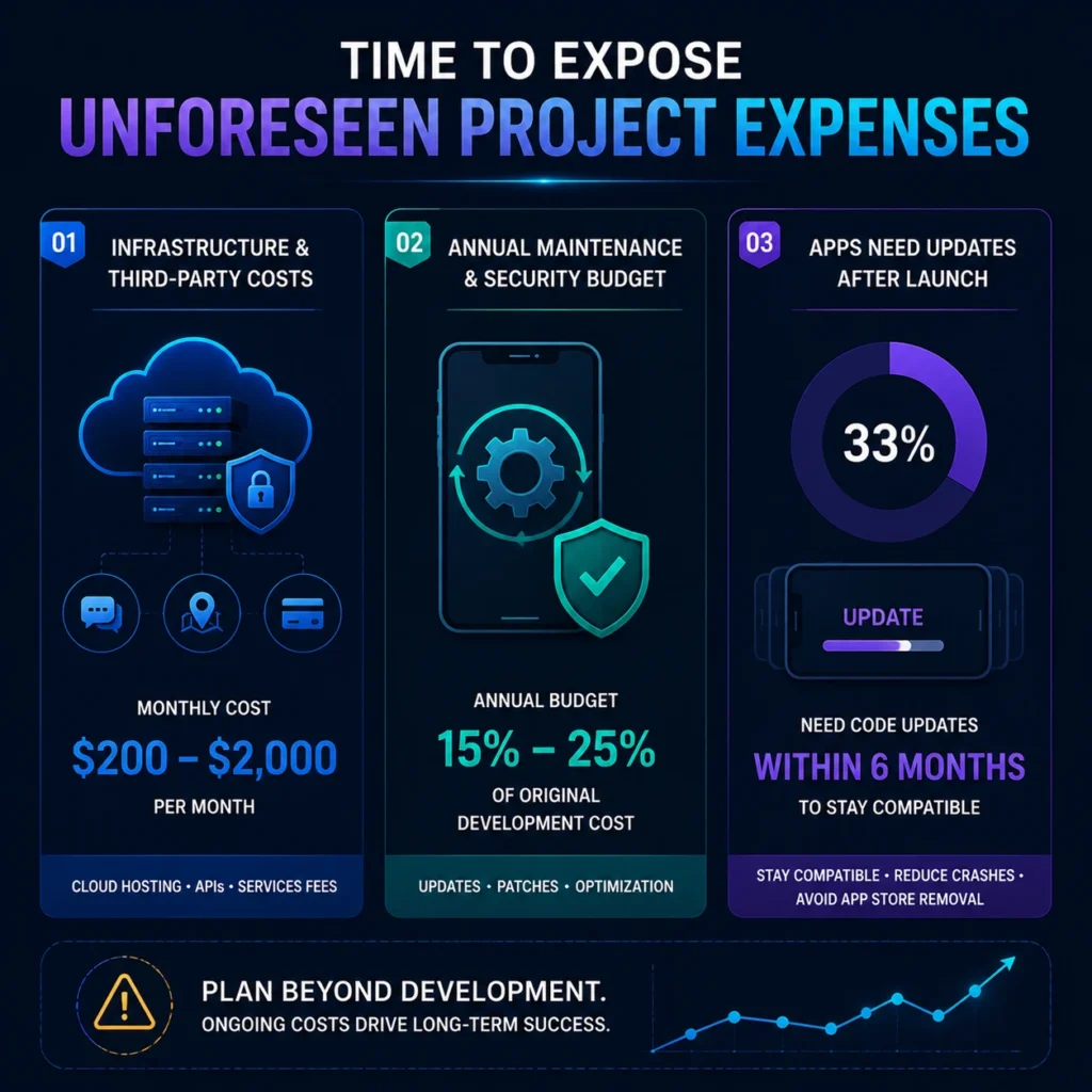 Custom mobile app development cost breakdown showing hidden project expenses including cloud hosting, third-party integrations, maintenance budgets, and required app updates.