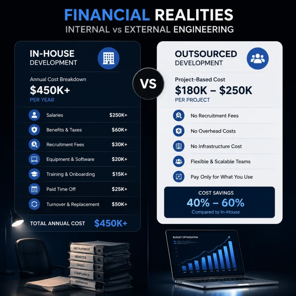 Direct financial realities of internal vs external engineering showing in-house and outsourced app development costs, hidden expenses, and savings comparison