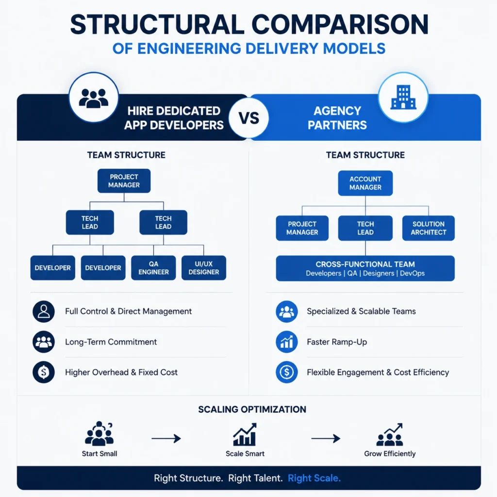 In-House Team vs. Outsourcing engineering delivery models comparing dedicated app developers, agency partners, team structure, and scalability