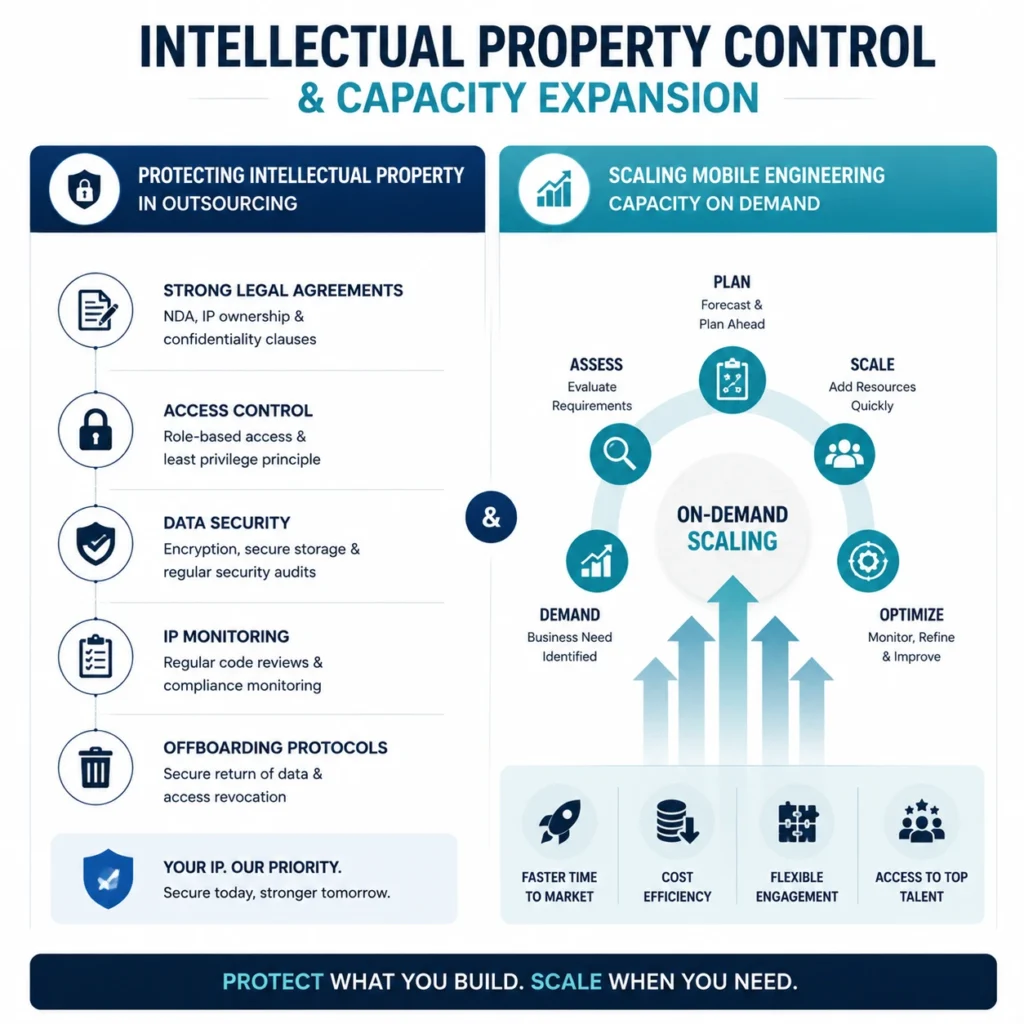 In-House Team vs. Outsourcing intellectual property control and capacity expansion strategies showing IP protection, security protocols, and scalable mobile engineering
