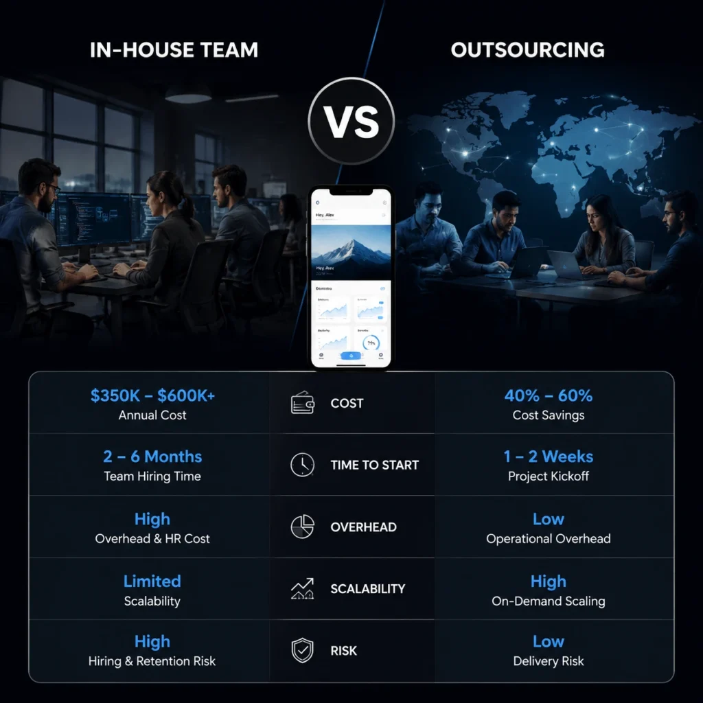 In-house team vs outsourcing mobile app development comparison showing cost, timeline, scalability, and risk differences