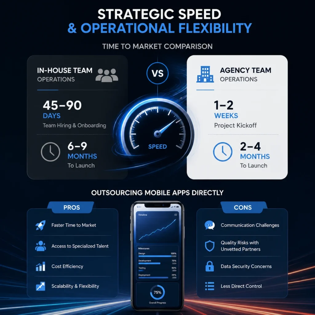 In-House Team vs. Outsourcing mobile app development showing strategic speed, operational flexibility, time to market, and agency advantages