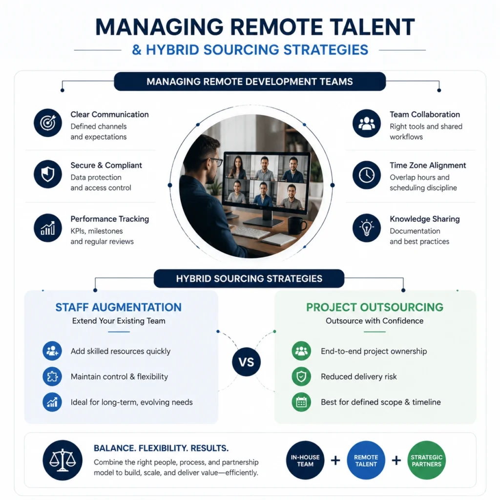 In-House Team vs. Outsourcing remote talent and hybrid sourcing strategies comparing staff augmentation, project outsourcing, and remote software team management