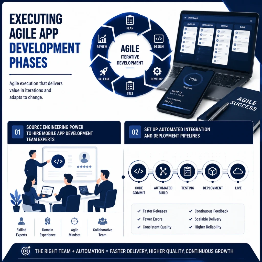 Mobile App Development Process showing agile app development phases with expert engineering teams, sprint cycles, automated integration, and deployment pipelines.