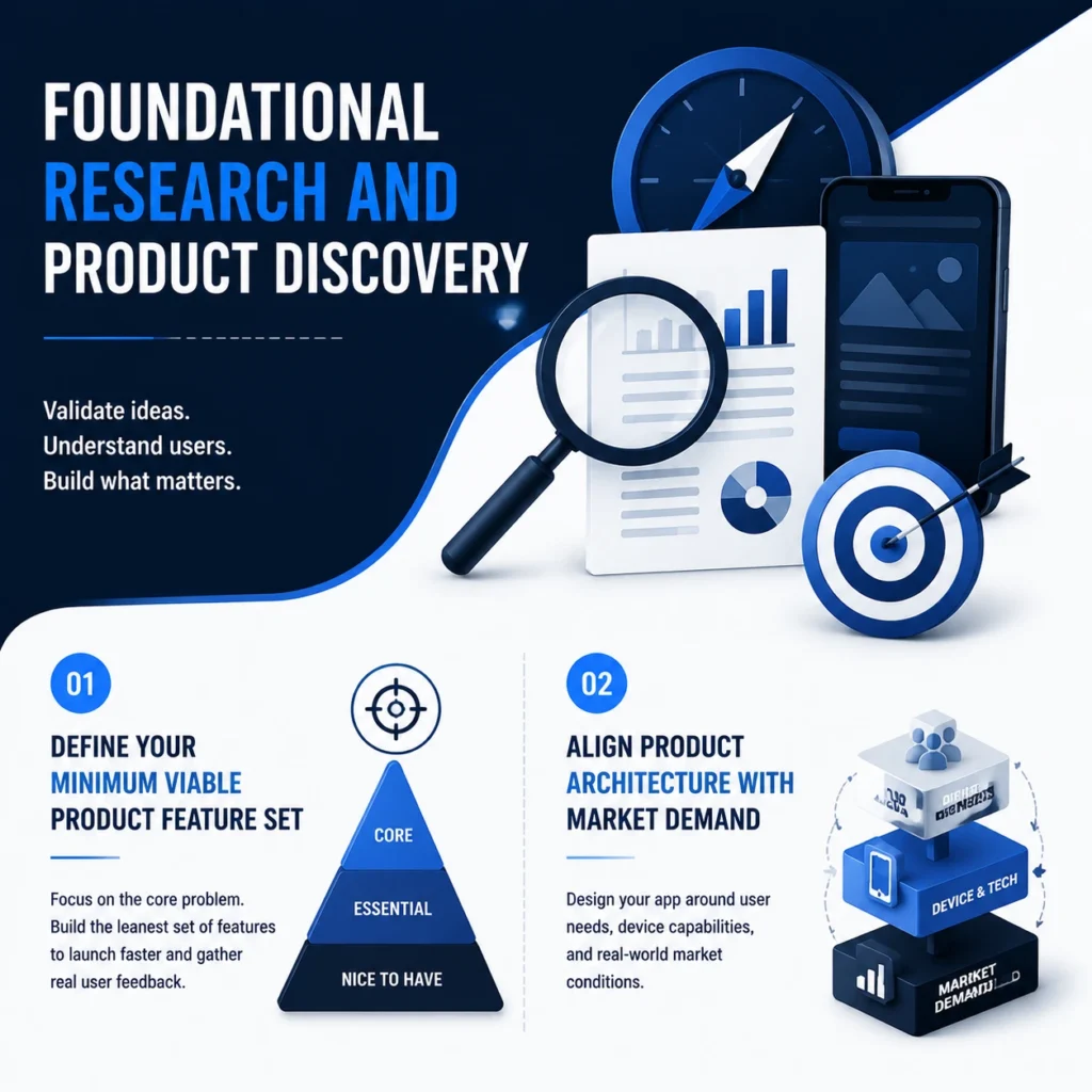 Mobile App Development Process showing foundational research and product discovery with MVP feature planning, market validation, and product architecture alignment.