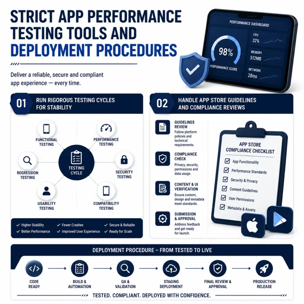 Mobile App Development Process showing strict app performance testing tools, quality assurance cycles, security checks, app store compliance reviews, and deployment procedures.
