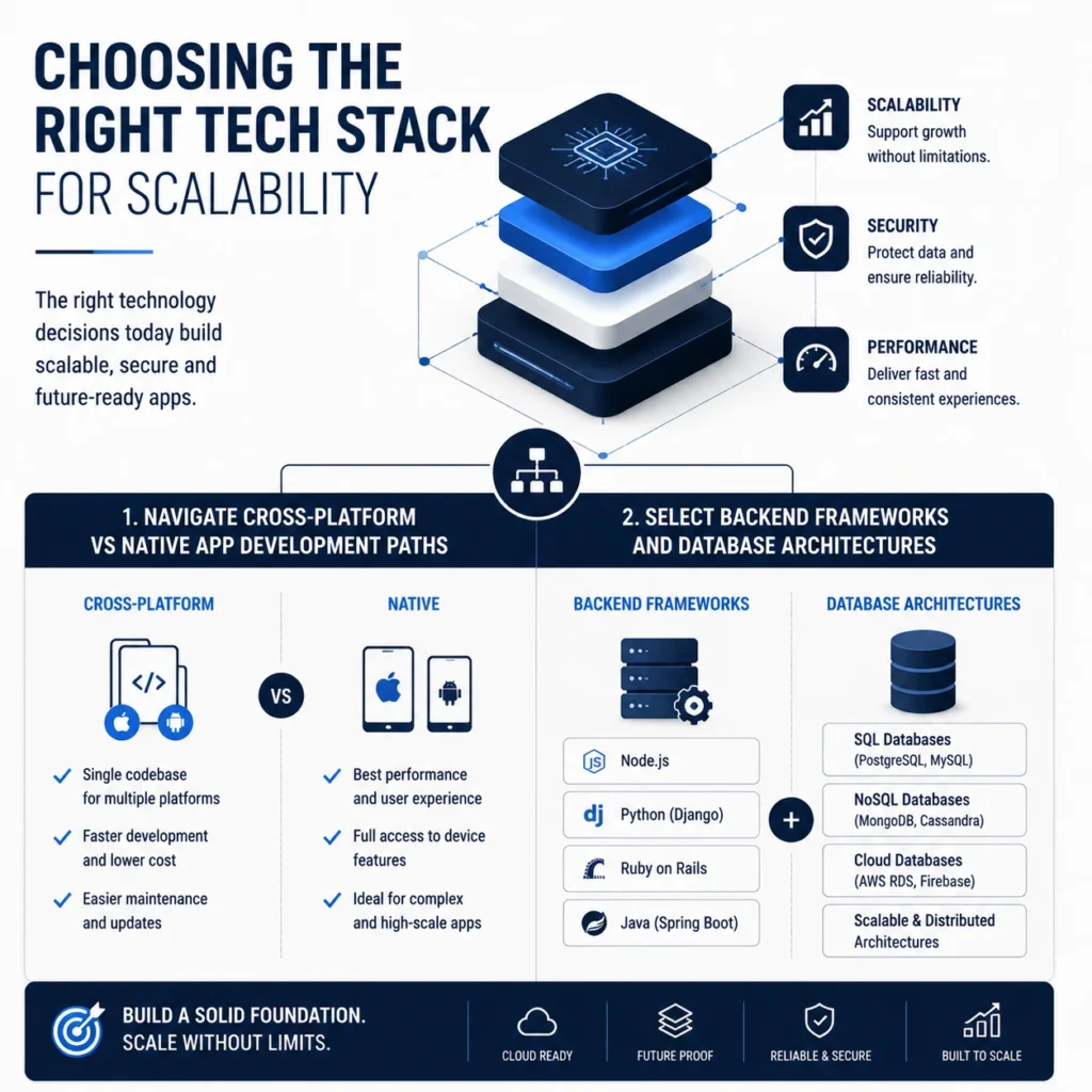 Mobile App Development Process showing the right tech stack selection with native vs cross-platform development paths, backend frameworks, and scalable database architecture.